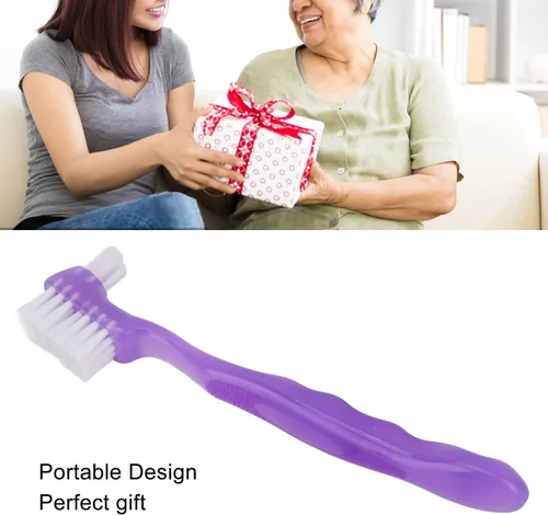 Vista 4 de Cepillo de dientes para dentaduras postizas, pelo suave, seguro de doble cara para viajes en casa (morado)