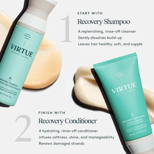 Vista 4 de VIRTUE Champú de recuperación sin sulfato con queratina y aceite de semilla de baobab para cabello dañado, color seguro