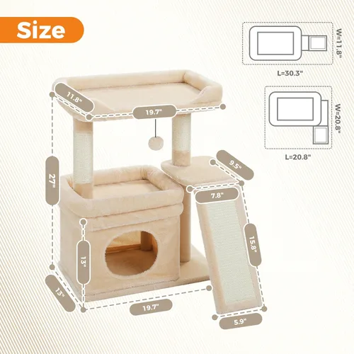 Vista 5 de PEQULTI Árbol para gatos pequeños a medianos: bonita torre para gatos beige con amplia percha acolchada, condominio privado y poste rascador