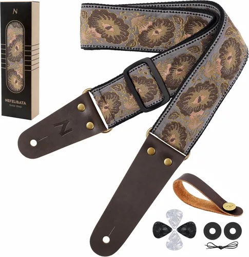 Vista 35 de Nefelibata Correa de guitarra, correas de guitarra de algodón bordadas con extremos de cuero de vaca para bajo, guitarras eléctricas y acústicas