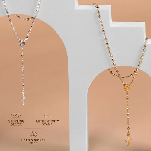 Vista 5 de PORI JEWELERS Collar con rosario de plata de ley 925 de 0.118 in, disponible en color plateado o amarillo, tamaños de 16 a 30 pulgadas