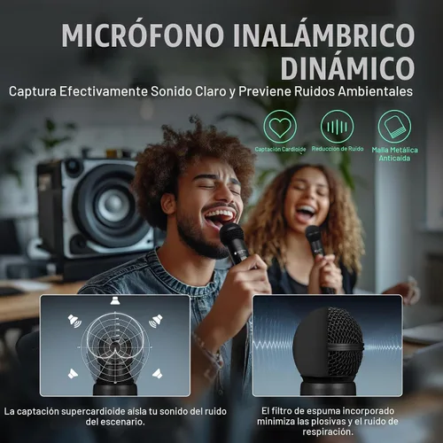 Vista 2 de Micrófono inalámbrico - Micrófono de karaoke para cantar - Micrófonos de mano dinámicos dobles recargables con receptor - Micrófono inalámbrico