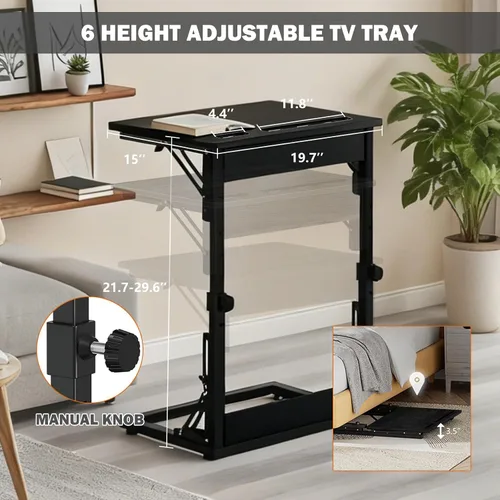 Vista 3 de Mesa plegable para TV, mesa de cena de TV, bandejas de TV de altura ajustable para comer en el sofá, mesa auxiliar en forma de C con ranuras