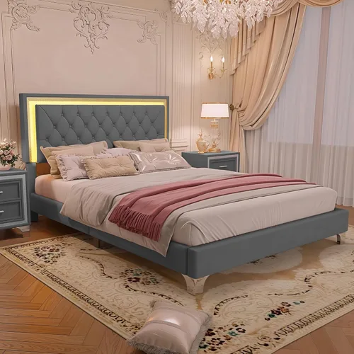 Vista 3 de Merax Cama de plataforma tapizada, tamaño Queen, tela de terciopelo LED, marco de cama de madera con luces LED y cabecera copetuda para dormitorio