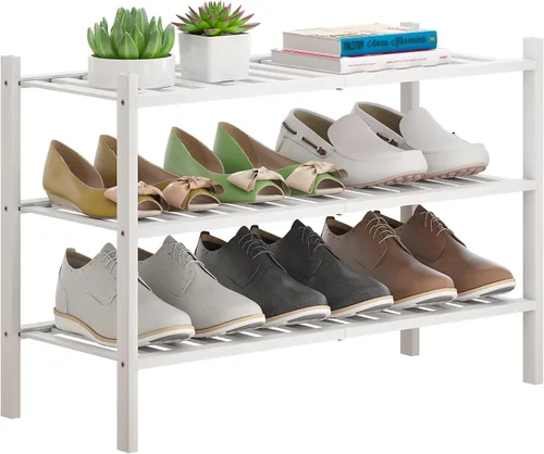 Vista 20 de Zapatero de bambú apilable para zapatos, organizador de almacenamiento para unidad, entrada, pasillo y armario, estante resistente independiente