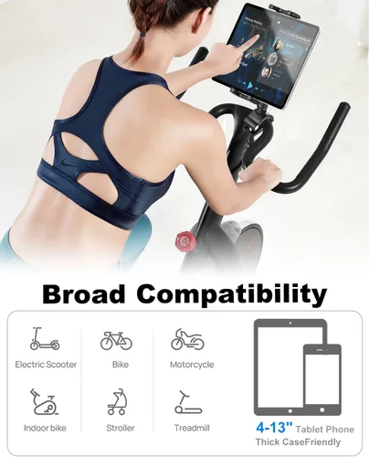 Vista 5 de Soporte para tableta de bicicleta, abrazadera para manillar, brazo de metal antivibración, soporte universal para iPad para cinta de correr
