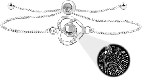 Vista 13 de Pulsera ajustable de cadena de plata/oro rosa, 4 dijes de corazón diferentes en 100 idiomas con texto en inglés "Say I Love You", pulsera