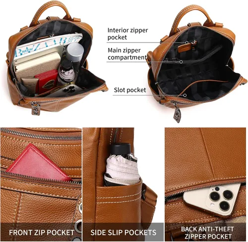 Vista 5 de Bolso mochila de cuero genuino para mujer 8179, naranja marrón, Classic