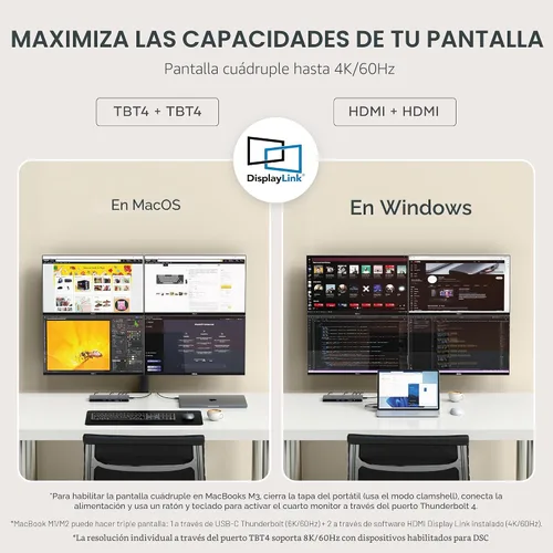 Vista 3 de Satechi Dock Thunderbolt 4 Carga de 100W, Monitor Dual HDMI 4K/60Hz, Transferencia de Datos 40Gbps, 2 USB-A 3.2, Ethernet, Dock Thunderbolt 4