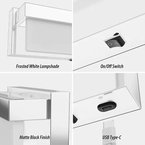 Vista 3 de Aplique de pared de batería cromado con interruptor de encendido/apagado, lámpara de pared LED de 8 pulgadas, pantalla acrílica, lámpara de pared