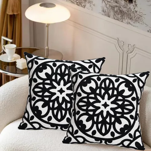 Vista 8 de Juego de 2 fundas de almohada decorativas bordadas, estilo bohemio, lona de algodón, para patio, sofá, sala de estar, 18 x 18 pulgadas