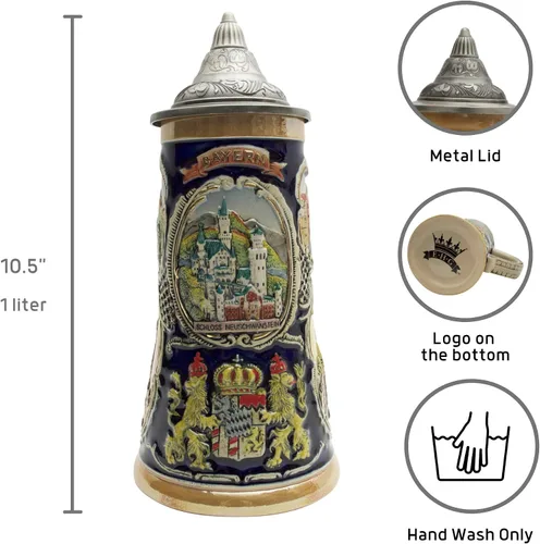 Vista 2 de Essence of Europe Gifts Jarra de cerveza alemana con tapa de 1 litro – Neuschwanstein Village Scenes Beer Steins Mug – Jarra Cervecera Alemana Stein