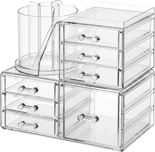 Vista 9 de ShineMe Organizador de maquillaje acrílico, organizador de cosméticos apilable de 2 niveles para tocador con soporte giratorio de 360° para brochas