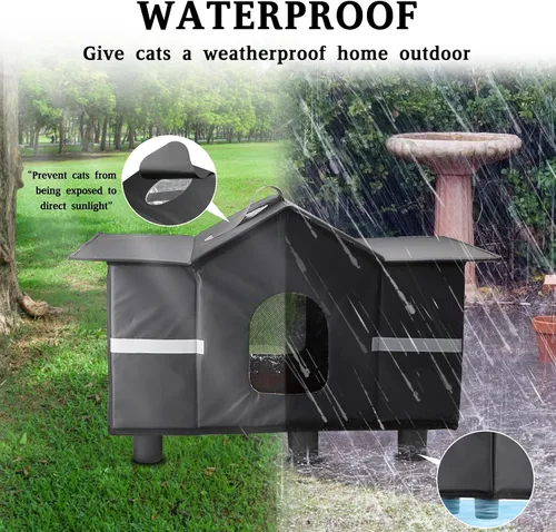 Vista 5 de Casa para gatos al aire libre resistente a la intemperie, refugio aislado para gatos para exteriores con ventana de techo, 100% impermeable, puerta