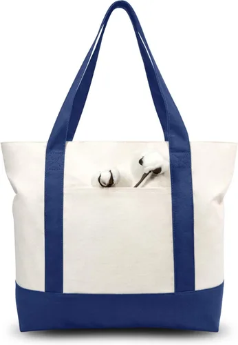 Vista 17 de TOPDesign Paquete de 1 bolsa de lona con bolsillo externo, bolsa de compras reutilizable para comestibles, cierre de cremallera superior, artículos