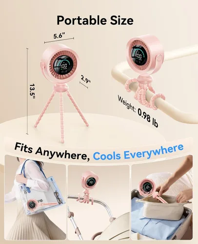 Vista 9 de Ventilador portátil para cochecito, rotación de 360°, 17 horas de Rosa