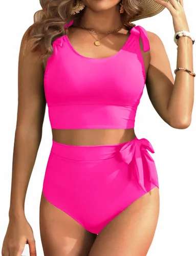 Vista 26 de Trajes de baño de dos piezas de cintura alta - Bikini con control de abdomen para mujer, traje de baño modesto 2 piezas 2025 Hot Red