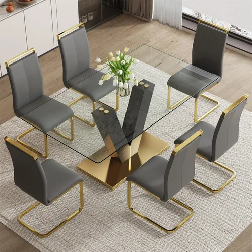 Vista 15 de Juego de mesa de comedor de cristal de 71 pulgadas para 4, juego de mesa de cocina moderno para 4, juego de mesa de comedor para el hogar