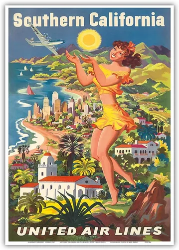Vista 11 de Southern California - United Air Lines - Vintage Airline Travel Poster by Joseph Fehér c.1950 - Master Art Print (Unframed) 6in x 9in