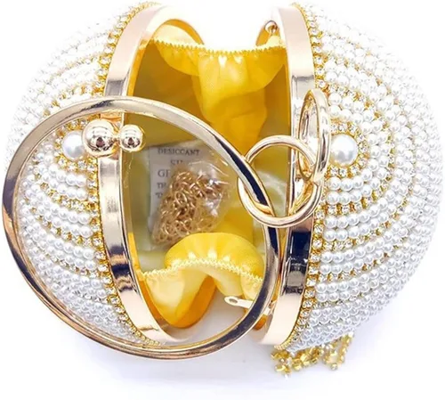 Vista 2 de QZUnique Bolso de mano redondo con borla de cristal y perlas asa redonda para boda bolso de hombro
