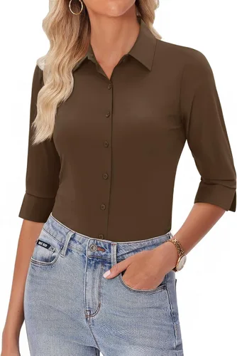 Vista 15 de siliteelon Camisas con botones para mujer, manga 3/4, elástica, ajustada, sin arrugas, cuello para negocios, trabajo, tops
