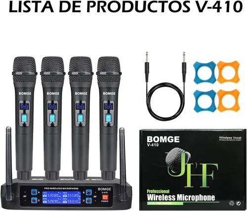 Vista 9 de BOMGE Sistema de micrófono inalámbrico, juego de micrófono inalámbrico Pro de 4 canales con cuatro micrófonos de mano, frecuencia fija, largo