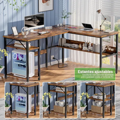Vista 7 de Unikito Escritorio para computadora en forma de L con tomas de corriente mágicas y puerto de carga USB, escritorio esquinero reversible resistente