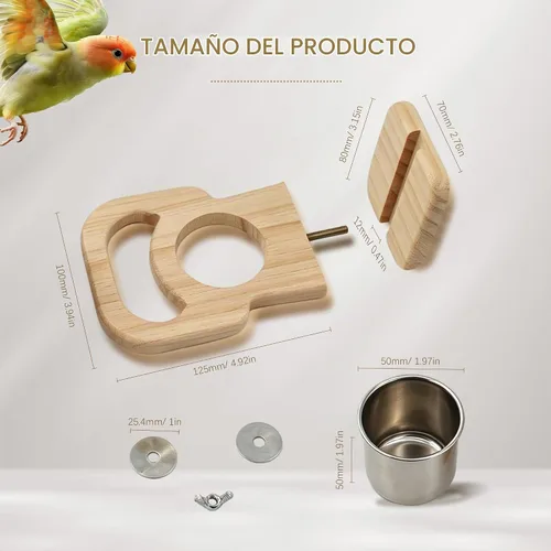Vista 3 de Taza de alimentación de pájaros con plataforma, cuenco colgante de acero inoxidable para loros, soporte de perca de madera, jaula de pájaros