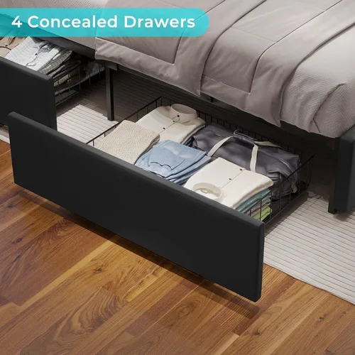Vista 5 de Hasuit Marco de cama Full con 4 cajones de almacenamiento debajo, cama de plataforma tapizada tamaño Full con cabecera de cuero artificial, cama