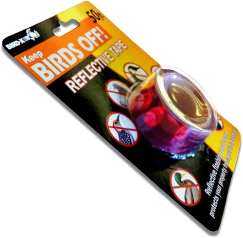 Vista 2 de Bird-X Cinta reflectante, cinta adhesiva intermitente para asustar pájaros, cinta roja iridiscente para ataque multisensorial, fácil de instalar, 1