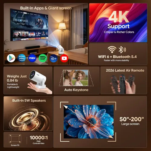 Vista 11 de Mini proyector con WiFi y Bluetooth, aplicaciones integradas, Keystone automático, rotación de 180°, soporte de 1080P/4K, proyector portátil Blanco