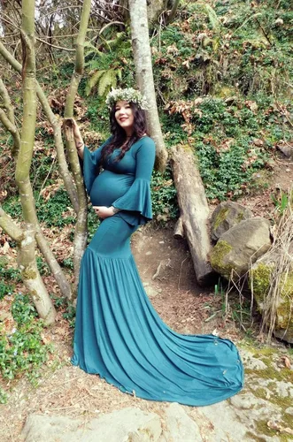 Vista 6 de ZIUMUDY Vestido de maternidad retro con hombros descubiertos y mangas acampanadas, vestido maxi de fotografía para baby shower