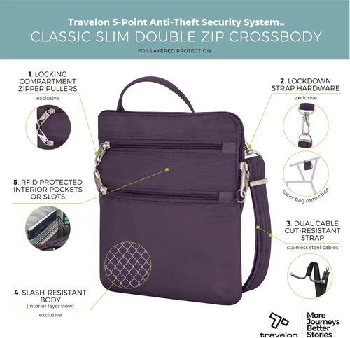 Vista 3 de Travelon - Bolso bandolera antirrobo clásico, doble cremallera, delgado