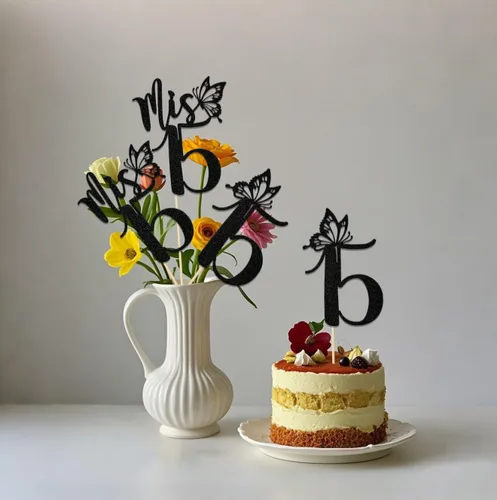 Vista 6 de Mis 15 palos de centro de mesa, decoraciones de feliz cumpleaños de 15, Hello 15, Cheers to 15 años, suministros para fiesta de aniversario, 12 Negro