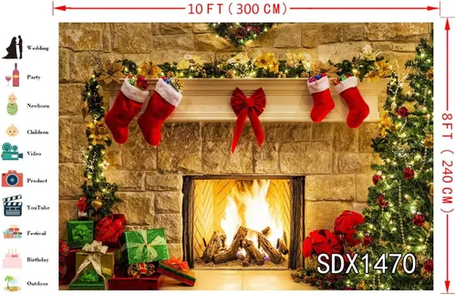 Vista 3 de LB Telones de fondo de chimenea de Navidad para fotografía de 5 x 3 pies, calcetines de árbol de Navidad, regalos de Año Nuevo, para niños