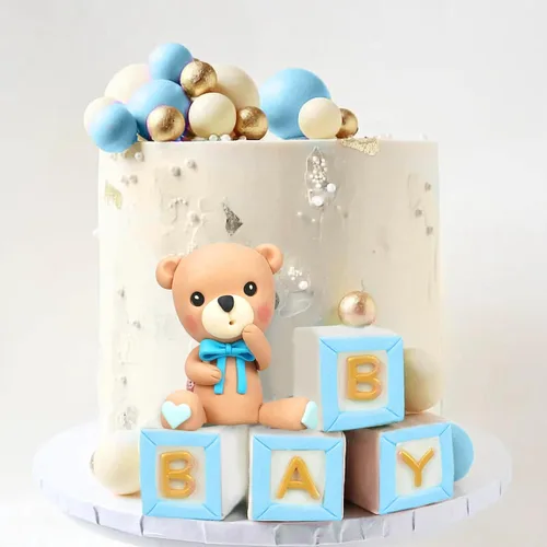 Vista 4 de Decoración para tartas de oso, decoración de pastel de oso con letras azules, esferas doradas y azules y blancas de perlas para suministros