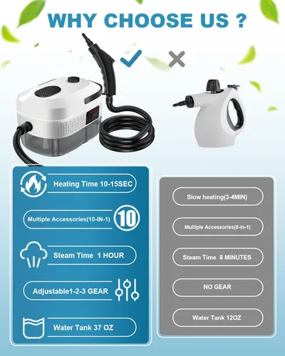 Vista 5 de Limpiador de vapor de mano, 2500 W, potente vaporizador multiusos de calentamiento de 15 segundos, temperatura de 3 niveles, vaporizador de limpieza