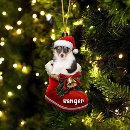 Vista 54 de Amantes de los perros de Navidad – Akita Inu Dog in Santa Boot Adorno de Navidad, adorno personalizado en forma 2D, adorno de Navidad, personaliza