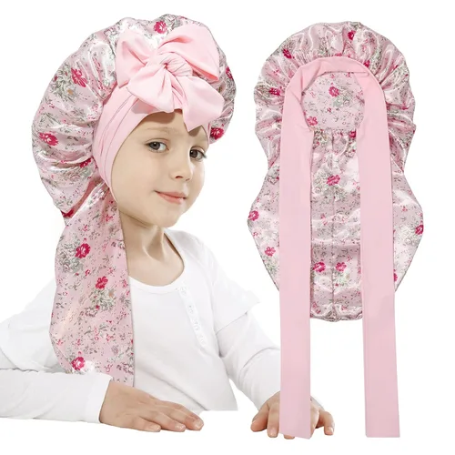 Vista 7 de AWAYTR Gorro de satén para niñas con trenzas de pelo largo para dormir Negro
