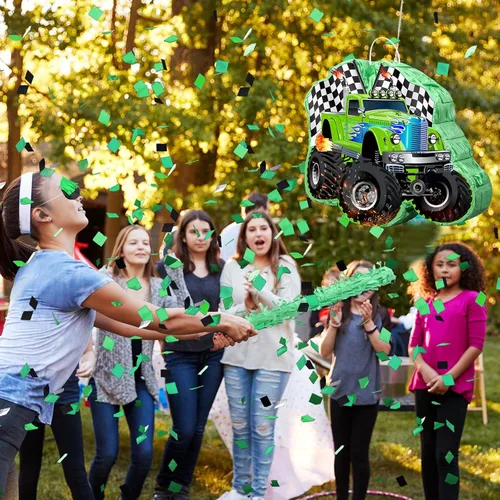 Vista 5 de Faccito Piñata de camión de carreras de monstruo con venda y palo, piñata de carreras pequeña verde para decoración de fiestas de niños, 14.1 x 12.6