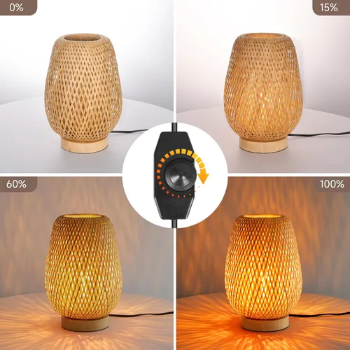 Vista 3 de Lámpara de mesa de ratán bohemia, regulable y pequeña al lado de la lámpara, mesita de noche de madera de mimbre natural, estilo bohemio, de bambú