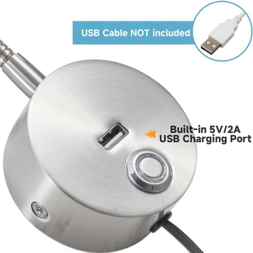 Vista 3 de Luz de lectura regulable montada en la pared con puerto de carga USB, luz de lectura LED enchufable, lámparas de pared con cuello de cisne flexible
