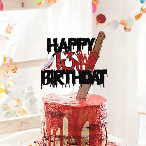 Vista 4 de Killer Happy 13th Birthday - Decoración para tartas con temática de terror de Halloween para fiesta de cumpleaños número 13, con temática de terror