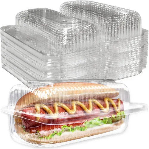 Vista 7 de Bandejas de plástico resistentes para perros calientes con bloqueo. Paquete de 25. Botes de presentación de alimentos desechables de primera calidad