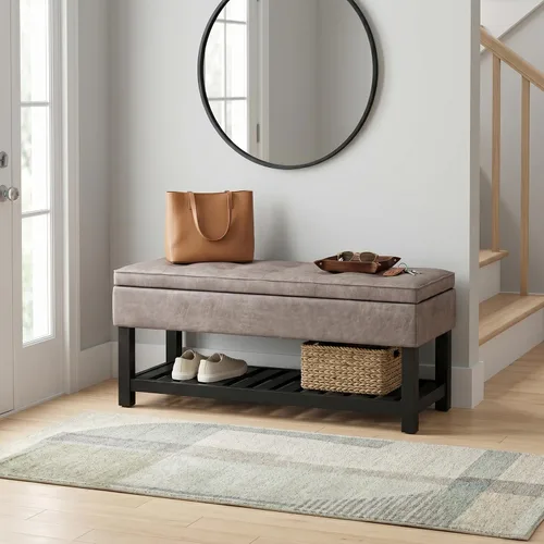 Vista 2 de SIMPLIHOME Cosmopolitan - Otomana de cuero vegano de 44 pulgadas de ancho Gris pardo envejecido