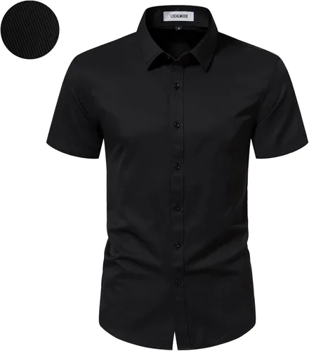 Vista 2 de LOCALMODE Camisa de sarga casual de manga larga para hombre, color sólido, formal, con botones