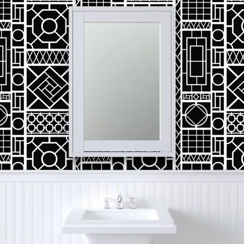 Vista 9 de Spoonflower Pelar y pegar muestra de papel tapiz - Enrejado Negro Círculos Blancos Graffiti Chinoiserie Palm Beach China Papel pintado extraíble