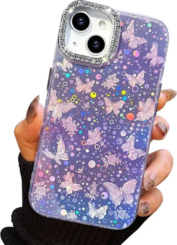 Vista 27 de I-MGAE-IN-AR Funda compacta para iPhone 11, diseño de mariposa, marco de protección de lente de cámara con diamante 3D, bonitas fundas protectoras