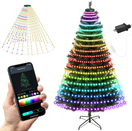 Vista 8 de Luces de cadena para árbol de Navidad con aplicación inteligente Ring, 200 luces LED cascada, impermeables IP65, modos múltiples con mando a