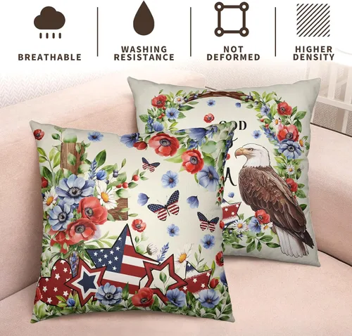 Vista 6 de Juego de 2 fundas de almohada de 16 x 16 pulgadas con diseño patriótico floral y estrellas de la independencia del Día de los Caídos, fundas